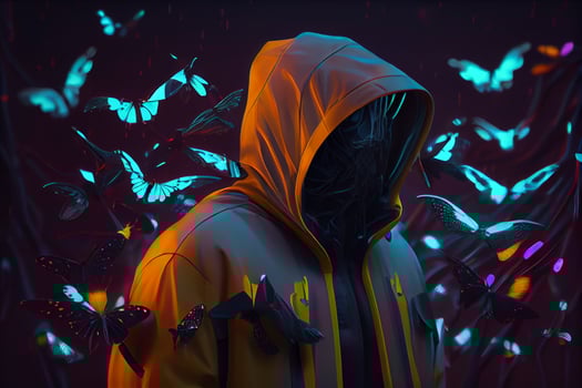 fashion trendy style man in a blue hooded jacket and face mask among flying butterflies illustration photo