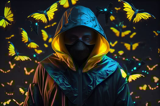 trendy style man in a blue hooded jacket and face mask among flying yellow butterflies illustration photo