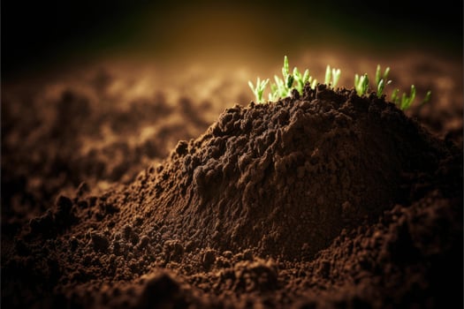 Close up soil nature background. Fertile soil with organic saplings. photo