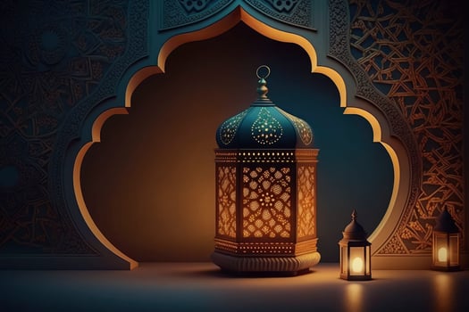 A stunning Ramadan lantern with islamic wall decoration. photo