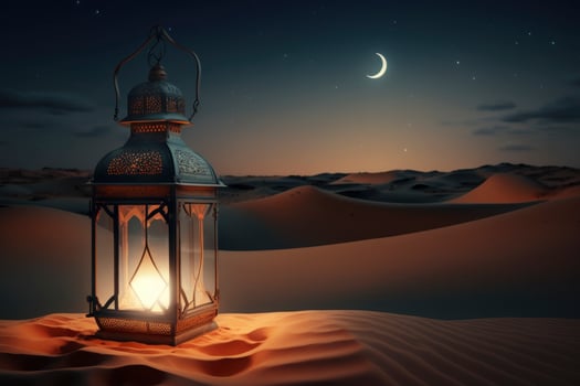 Arabic lantern desert night background for Muslim holy month Ramadan Kareem. photo