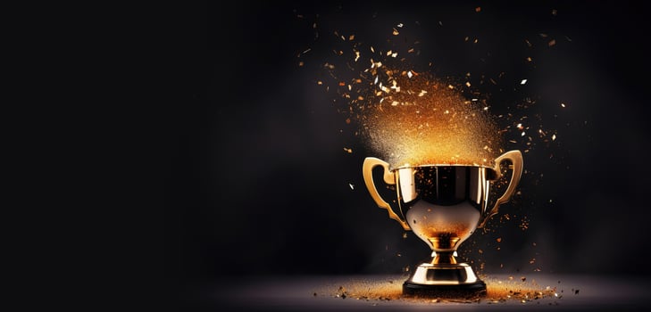 , Winner trophy with flames, golden champion cup with falling confetti on dark background photo