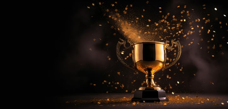 , Winner trophy with flames, golden champion cup with falling confetti on dark background photo