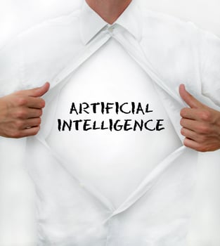 Man opens his shirt to reveal AI - Artificial Intelligence - written on it photo