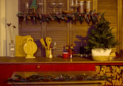 Part of the kitchen interior with Christmas decorations. photo
