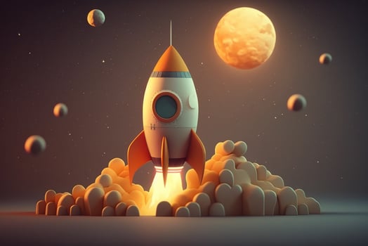 Rocket taking off on cosmos background with moon and sphere satellite. Concept of start up business launching. photo