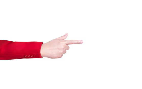 Woman's hand in shirt touching or pointing isolated on white background photo