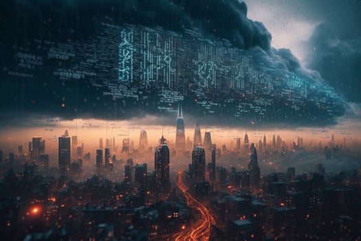 dark cloud on city and digital code rain, Information flow illustration photo