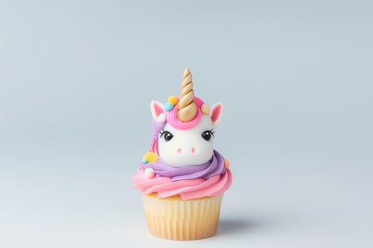 Cute cupcake for kids with copy space. Happy Birthday dessert. Children's party. Empty space for text. Postcard, greeting card design. Unicorn muffin. . photo