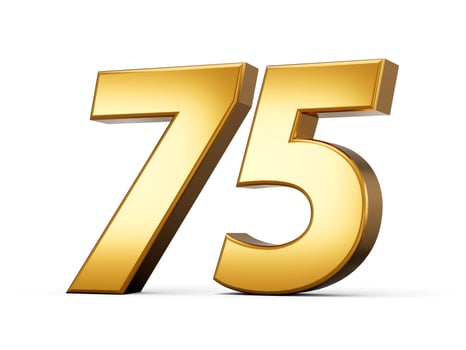 Gold number 75 Seventy Five isolated white background. shiny 3d number made of gold 3d illustration photo
