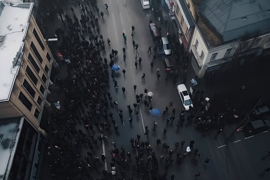 Protesting crowd at city street. Protesting people marching at city, aerial view. Social problems in society, struggle for rights. Protest activists. Crowd with raising fists. photo