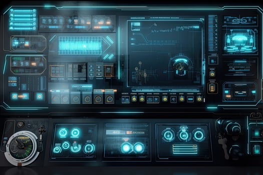 Futuristic central control panel. Operator workplace with a lot of screens and buttons for monitoring technology process at production line. Created with photo