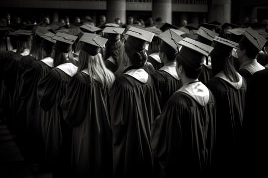 Back view of graduates in mortar boards and bachelor gowns on graduation ceremony at the university. Successful graduation from college or high school. Created with photo