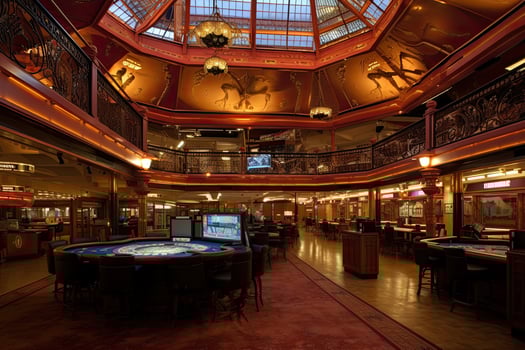 Luxury casino interior with playing tables. Gambling addiction. Created with photo