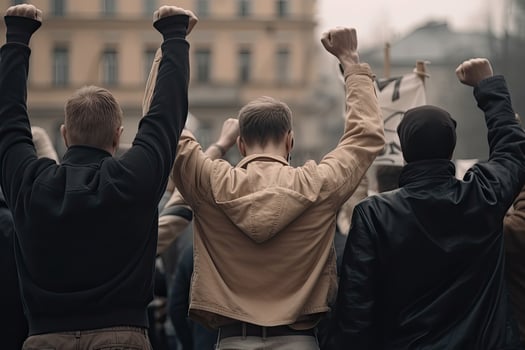 Back view of aggressive people protesting at city street. Protest activists. Crowd with raising fists. Angry people make revolution. Created with photo