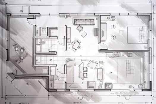 Architectural plan on white paper. Technical project of living room. Drawing for construction. Created with photo