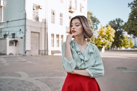 cute blonde red skirt outdoors outdoors square walk photo