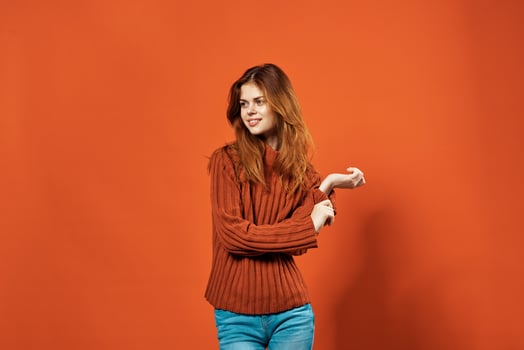 Cheerful woman fashion posing studio model photo