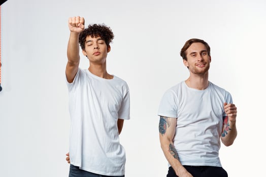 two joyful men friendship emotions communication studio photo