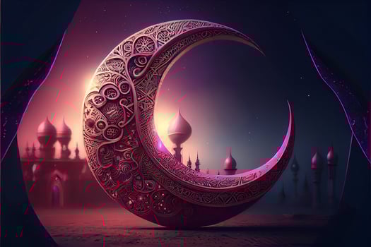 Ramadan Kareem background, Crescent moon with mosque, Islamic Eid Mubarak for Muslim Holidays, Eid-Ul-Adha festival celebration, . photo