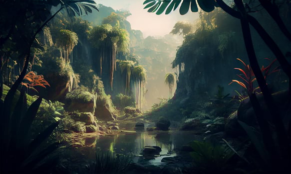 Deep tropical jungle inside a tropical forest dazzling with sunshine. one with nature in the forest. . photo