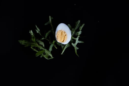Easter card with egg on a black background and green leaves photo