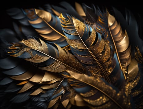 Flat lay bird feathers rose gold sequins and rhinestones black wood texture holographic high detail top view created with technology photo
