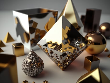 Abstract chaotic geometric background Glossy pyramids and spheres background created with technology photo