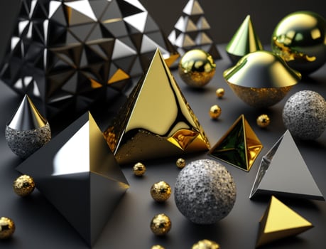Abstract chaotic geometric background Glossy pyramids and spheres background created with technology photo