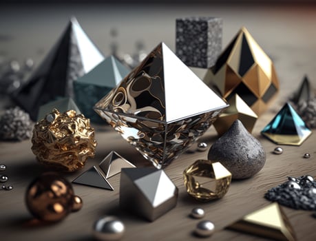 Abstract chaotic geometric background Glossy pyramids and spheres background created with technology photo