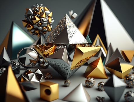 Abstract chaotic geometric background Glossy pyramids and spheres background created with technology photo