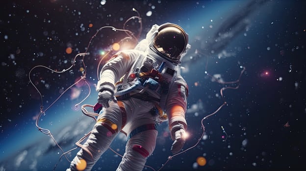 Stranded astronaut in galaxy milky way stars other dimension cloud space explosion background photo