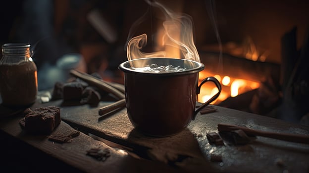 Hot chocolate with marshmallows in front of a fireplace in winter photo