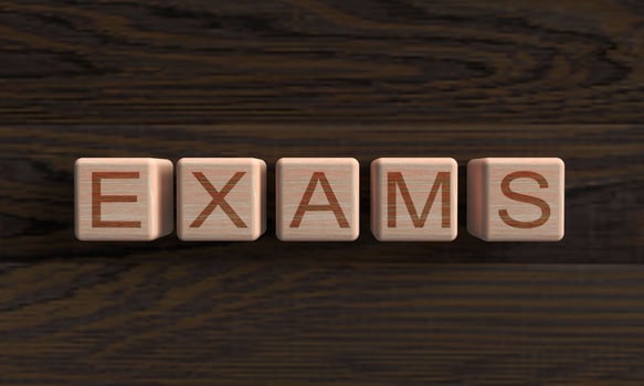 Cube block wooden exams font text symbol sign test student school college university paper exams study person learning examination quiz classroom knowledge answer assessment form check.3d render photo
