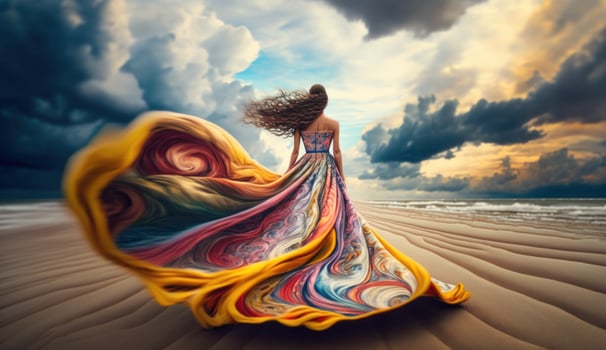 Graceful woman standing on beach in flowing colorful dress. photo