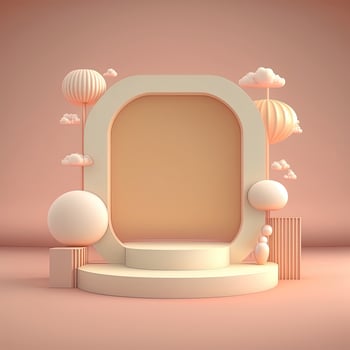 Biege 3d round podium with cloud. Empty space for text. . photo