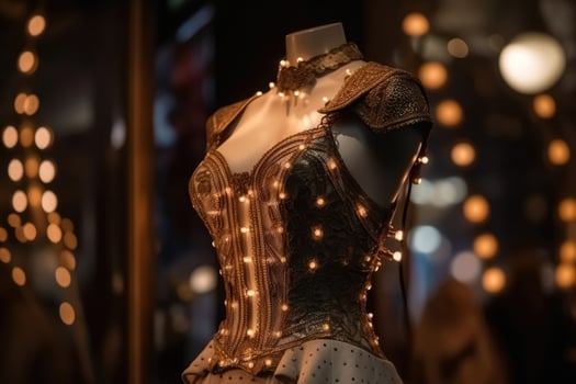 An innovative and elegant dress in a steampunk look on a Mannequin with soft bokeh lights created with technology. photo