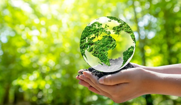 Concept Save the world save environment The world is in the grass of the green bokeh background photo