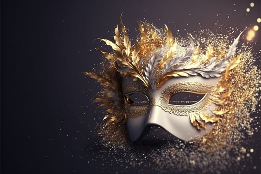 Realistic luxury carnival mask with feathers, gold dust, and light effects. . photo