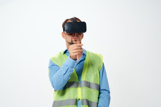 man in construction uniform vr glasses engineer work photo