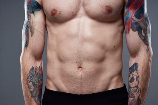 pumped up nude torso men tattoos close-up exercise photo