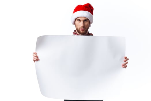emotional man white paper billboard advertising light background photo