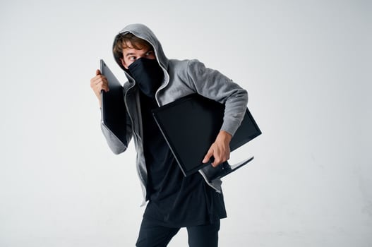 masked man hooded head hacking technology security isolated background photo