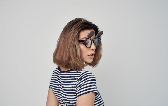 pretty woman in striped t-shirt summer fashion photo