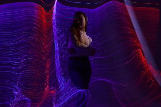 Portrait of a charming lady disco neon lines luxury fashion color background unaltered photo