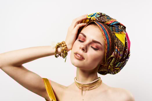 pretty woman multicolored turban fashion ethnicity photo