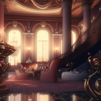 3D illustration of fairy tale palace majestic luxury interior. Mysterious dreamy background. photo