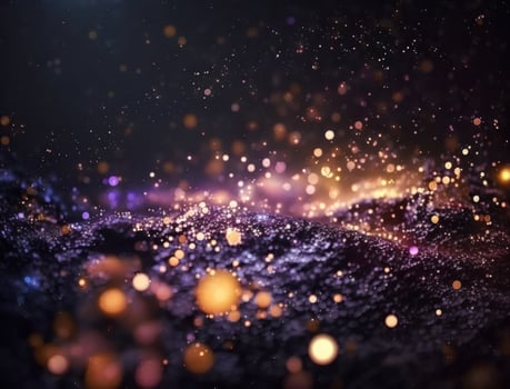 Dark blue and glow particle abstract background Blurry bokeh background with sparkles, particles and glitter created with technology photo