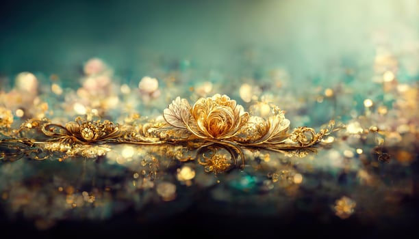 Delicate fabulous turquoise luxury background with magic flowers jewels and light effects. 3D illustration. Ai render photo