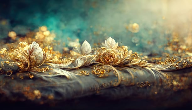 Delicate fabulous turquoise luxury background with magic flowers jewels and light effects. 3D illustration. Ai render photo